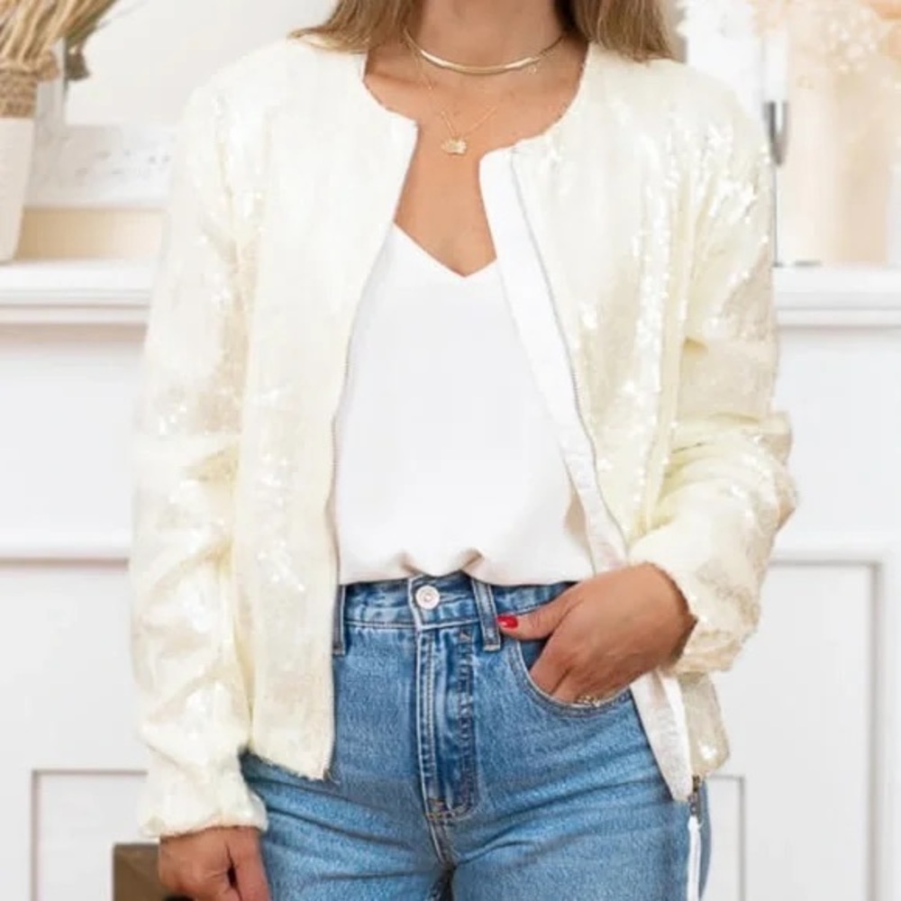 NWT Elie Tahari Off White Sequin Bomber Jacket Size S/P